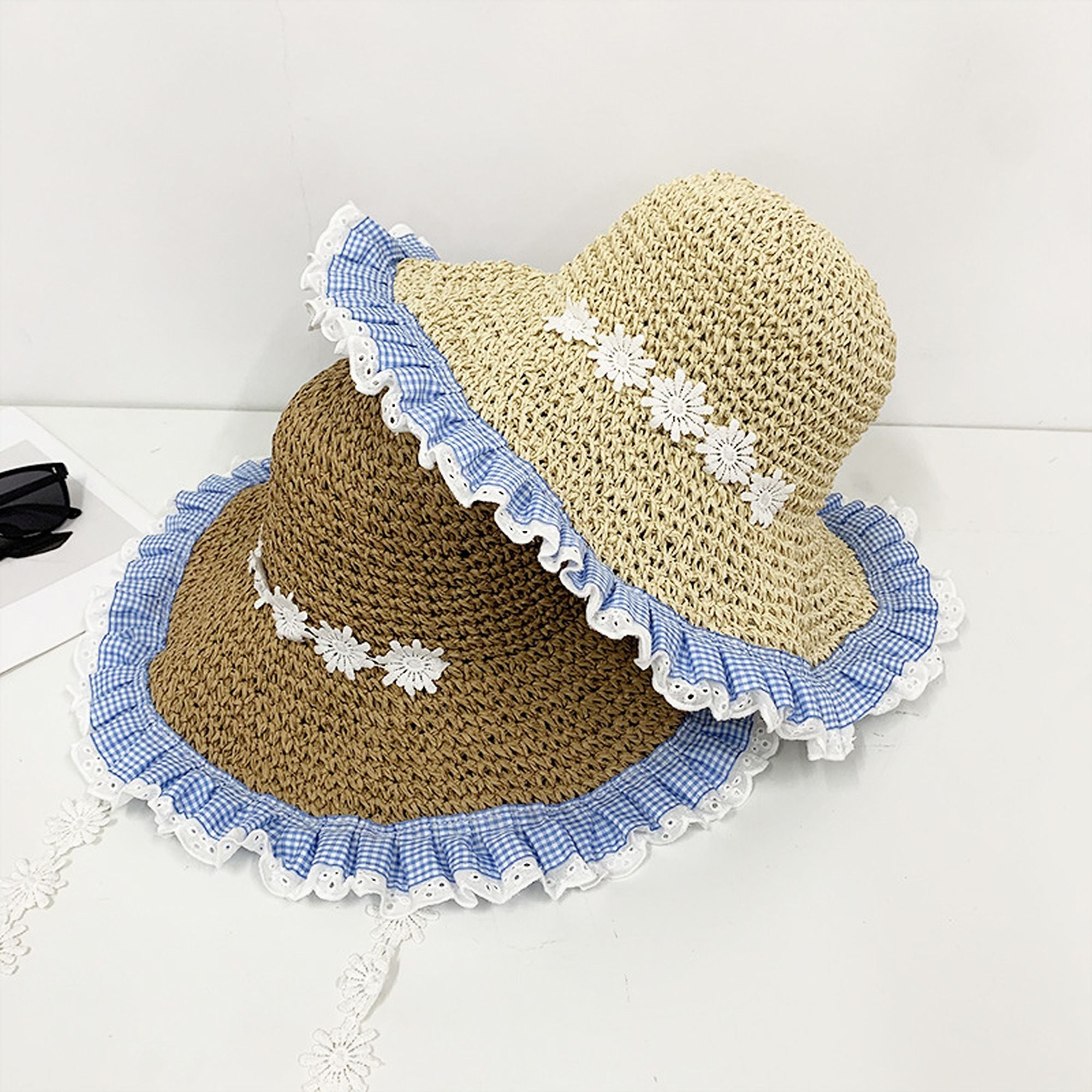 Anna-Kaci Women's Straw Sun Hat with Gingham & Lace Trim