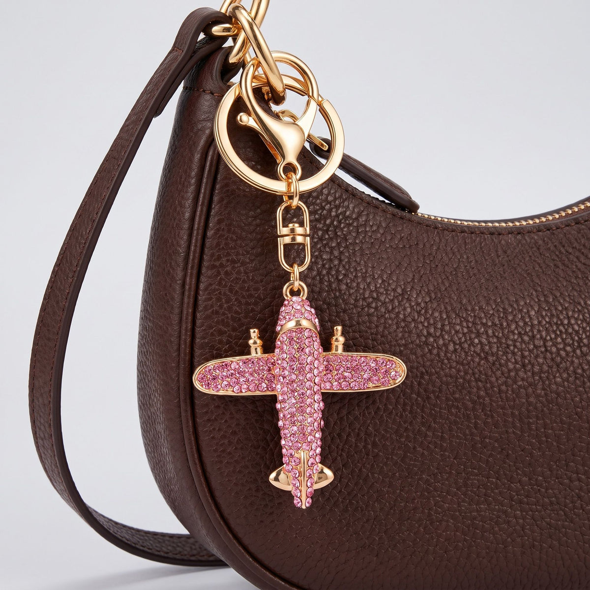Airplane Rhinestone Keychain Bag Charm with Lobster Clasp and Key Ring