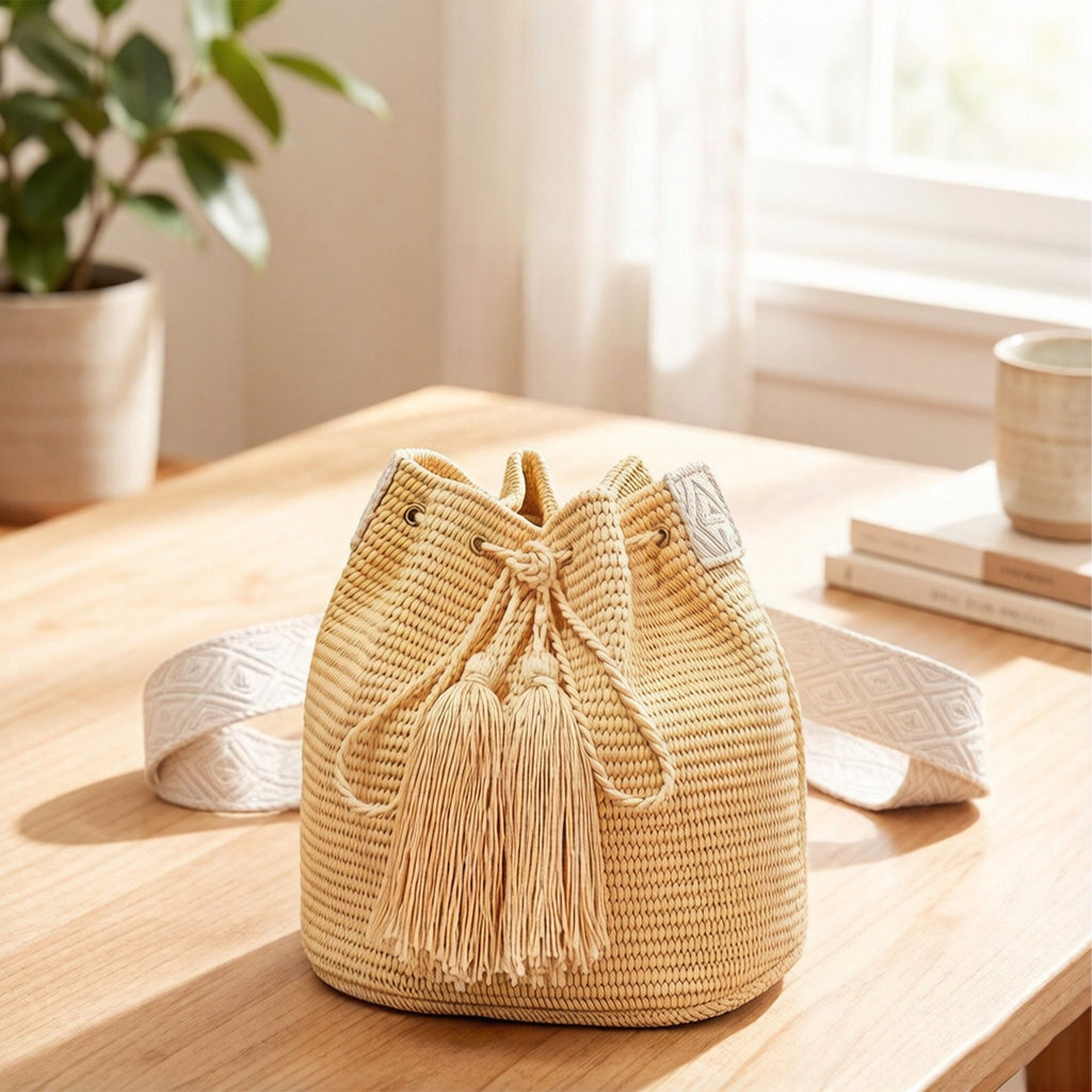Woven Crochet Bucket Bag with Drawstring Closure Tassel Detail Pattern Strap Lightweight Shoulder Handbag