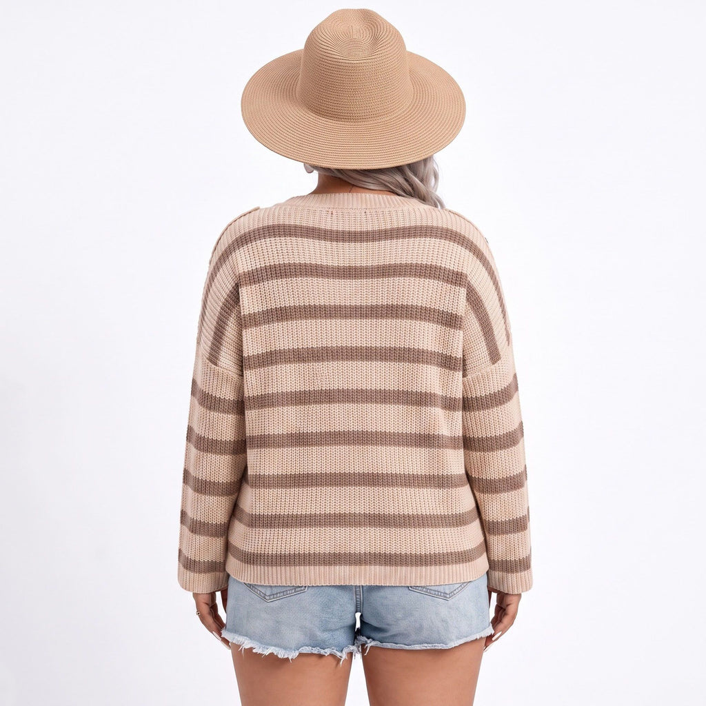 Plus Size Striped Crewneck Button Shoulder Sweater
