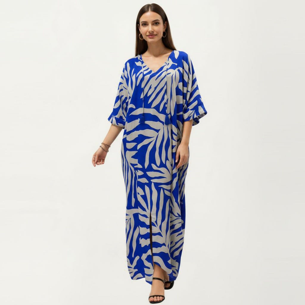 Anna-Kaci Women's Tropical Leaf Print Kaftan Maxi Dress with V-Neckline and Flowy Oversized Silhouette