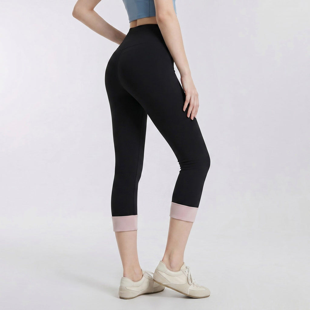 High Waist Capri Leggings with Folded Cuff Hem Wide Waistband Smooth Stretch Yoga Pants