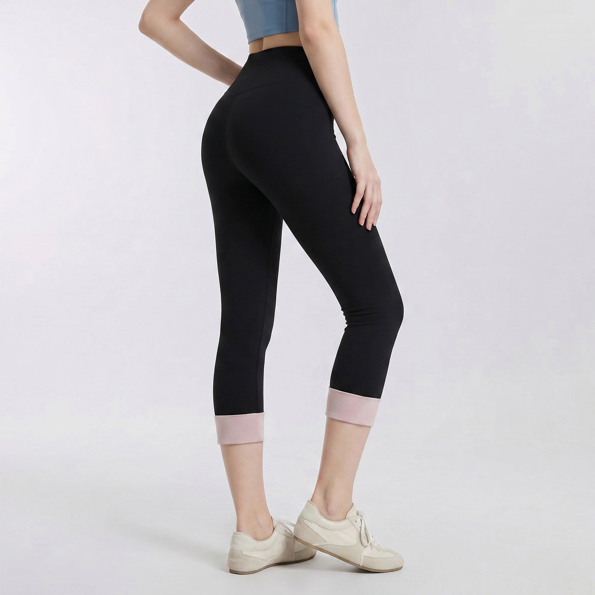 High Waist Capri Leggings with Folded Cuff Hem Wide Waistband Smooth Stretch Yoga Pants