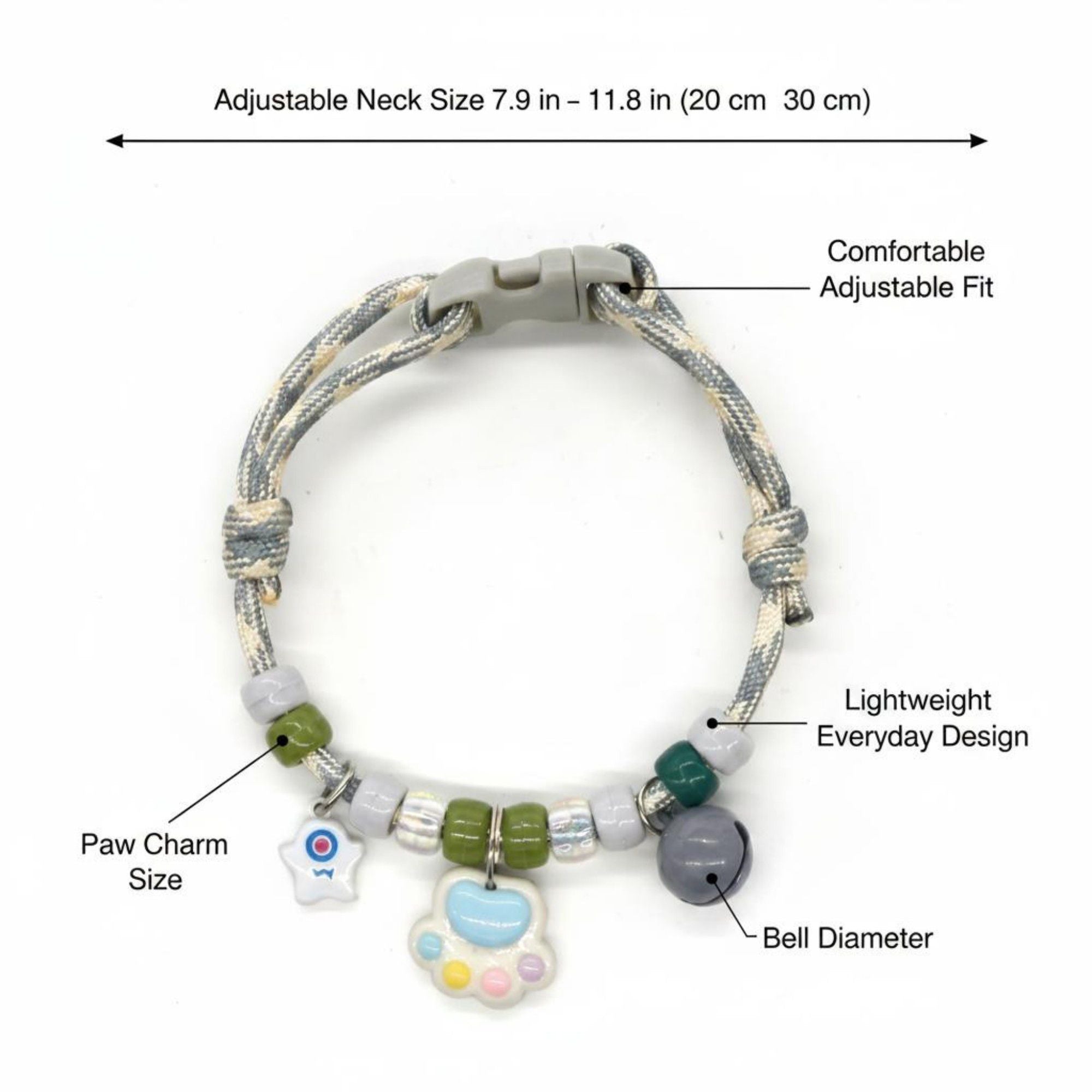 Adjustable Pet Collar with Bell Paw Charm Beaded Necklace Colorful Decorative Collar for Cats and Small Dogs