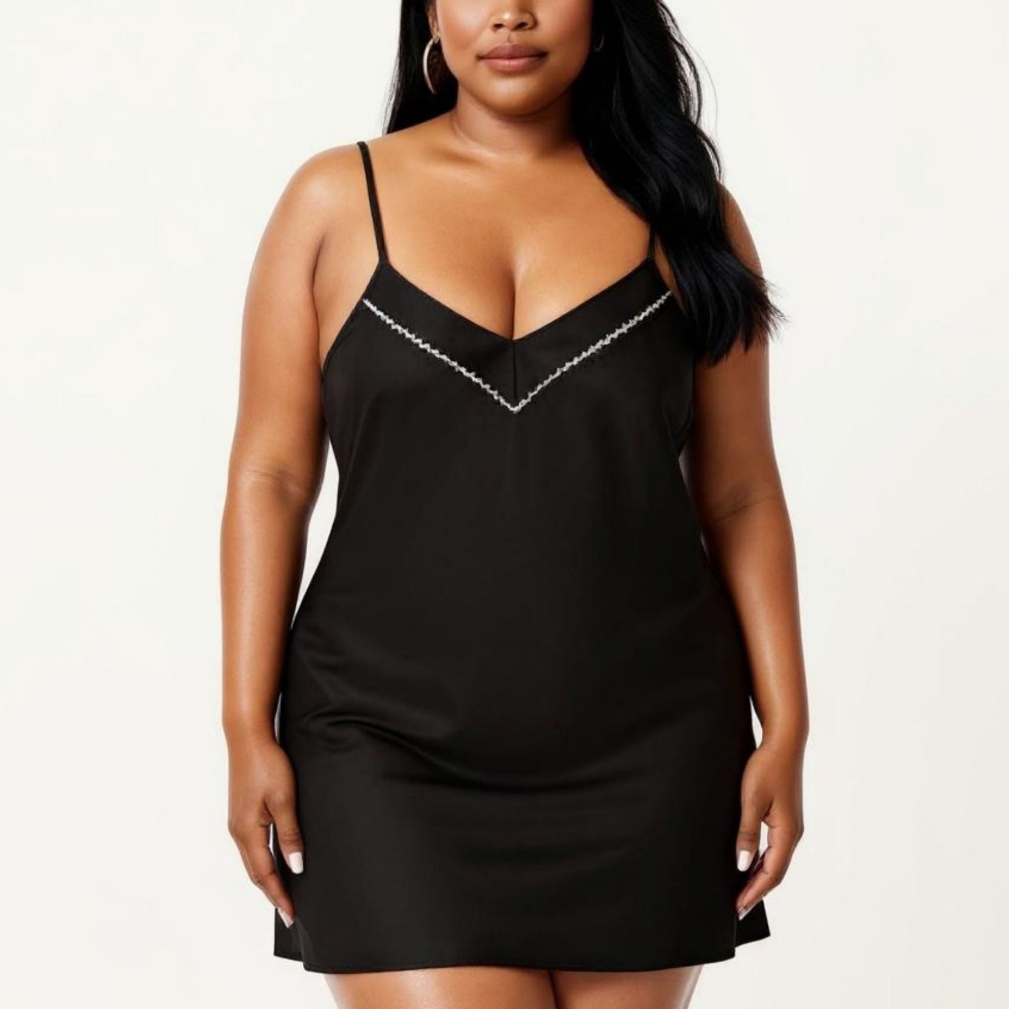 Anna-Kaci Lounge Women's Plus Size V Neck Slip Nightgown Contrast Trim Spaghetti Strap Soft Satin Sleep Dress Short Chemise