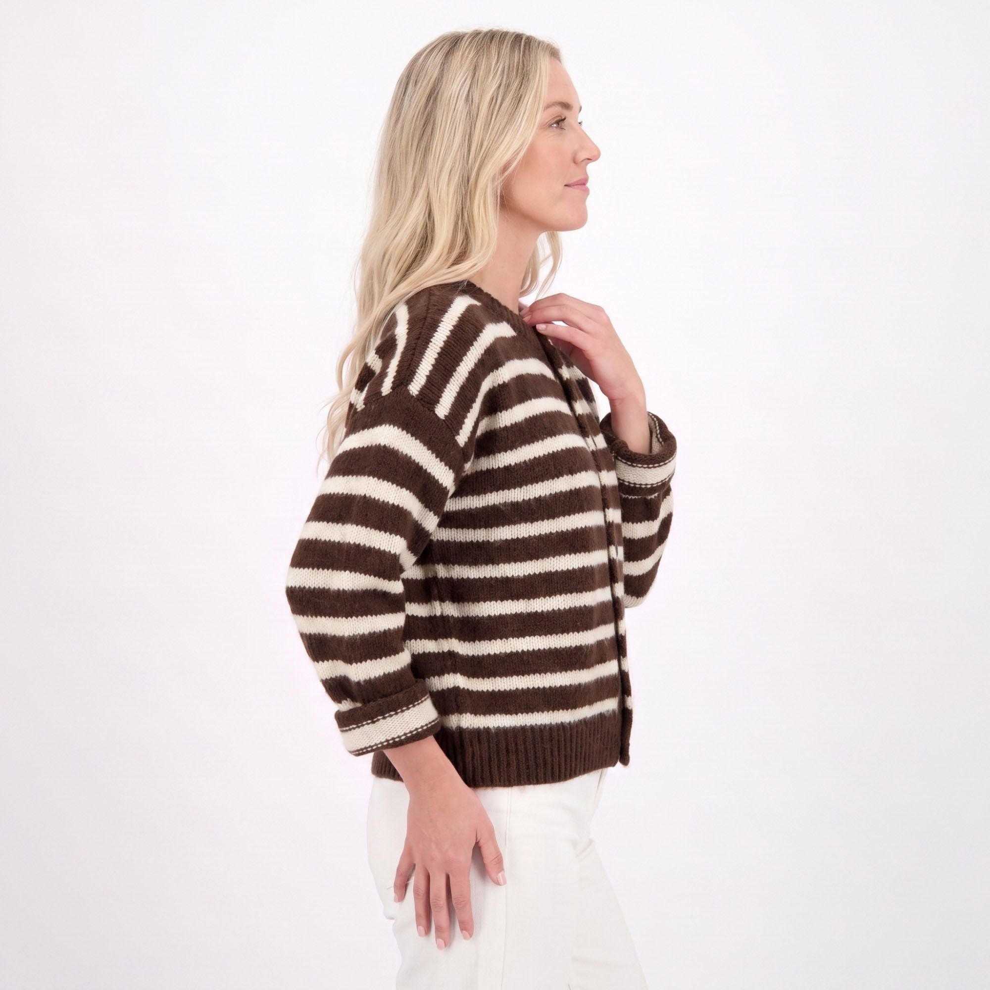 Striped Button-Front Crew Neck Knit Cardigan
