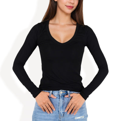 Long Sleeve V-Neck Fitted Top with Stretch Fabric