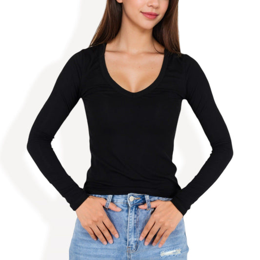 Long Sleeve V-Neck Fitted Top with Stretch Fabric