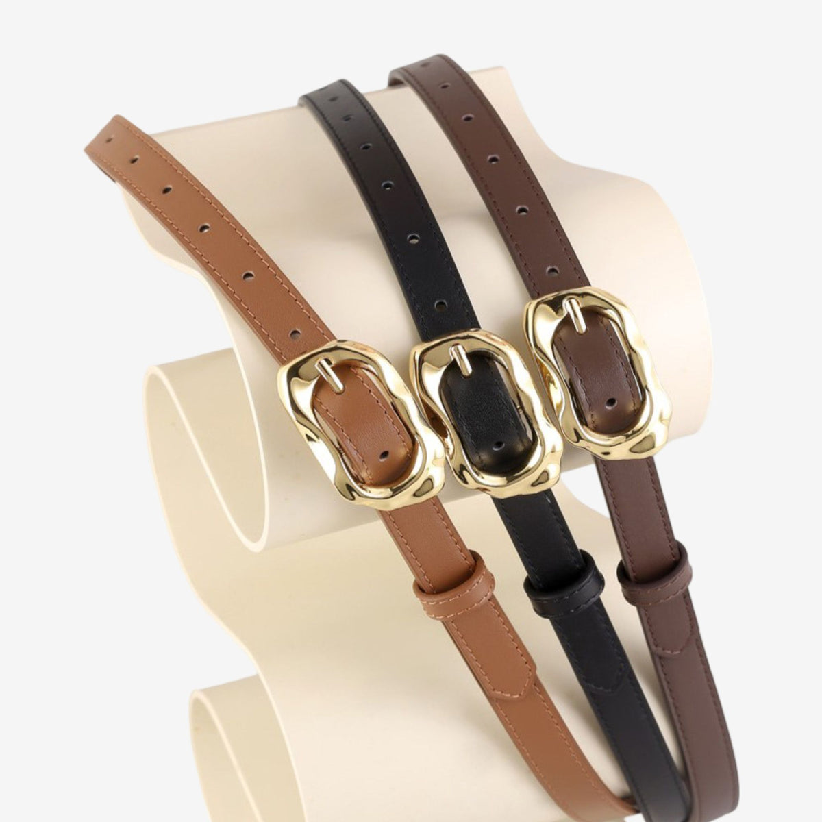 Genuine Leather Skinny Belt with Irregular Gold Tone Buckle 39.4in