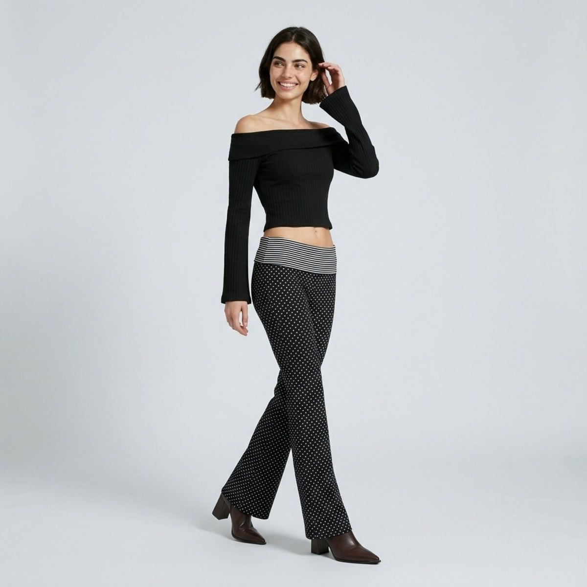 Striped Contrast Foldover Waistband Polka Dot Full-Length Wide-Leg Trousers