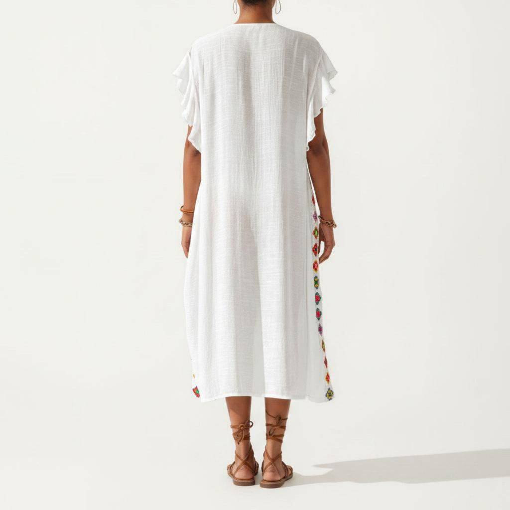 Anna-Kaci Women's Embroidered Open Front Swim Cover Up Kimono Midi Beach Cardigan with Tassel Tie Detail