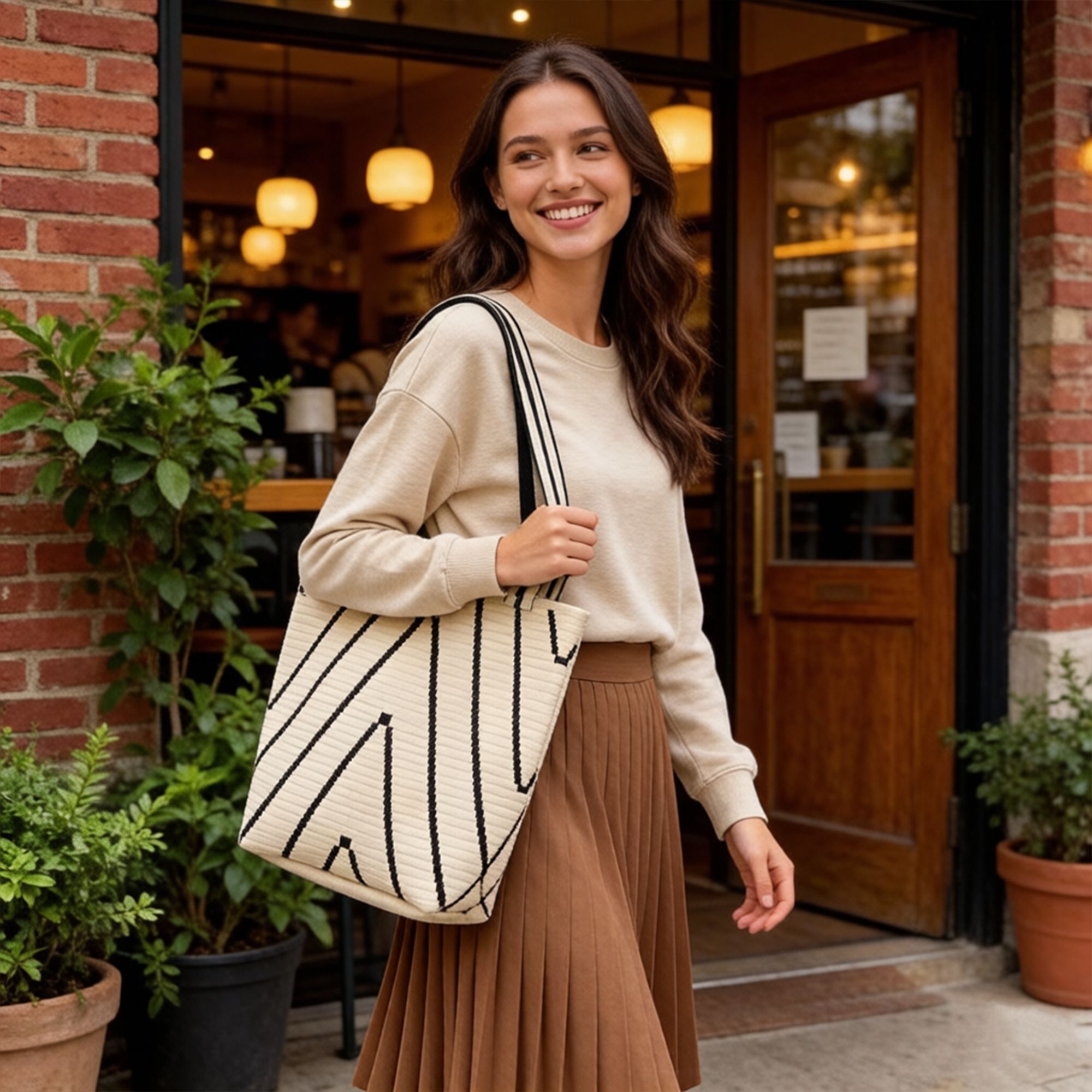 Geometric Stripe Knit Tote Bag with Long Shoulder Straps