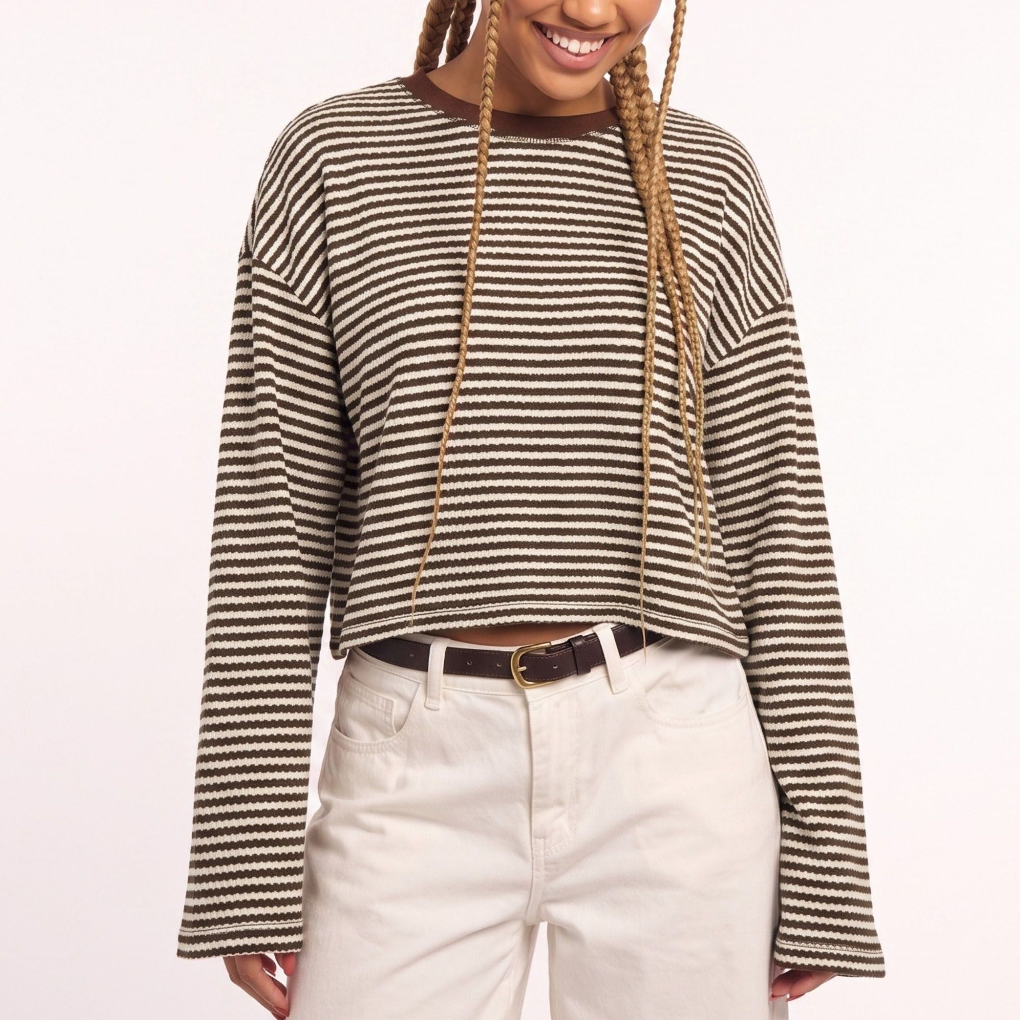 Striped Textured Knit Drop Shoulder Cropped Sweater
