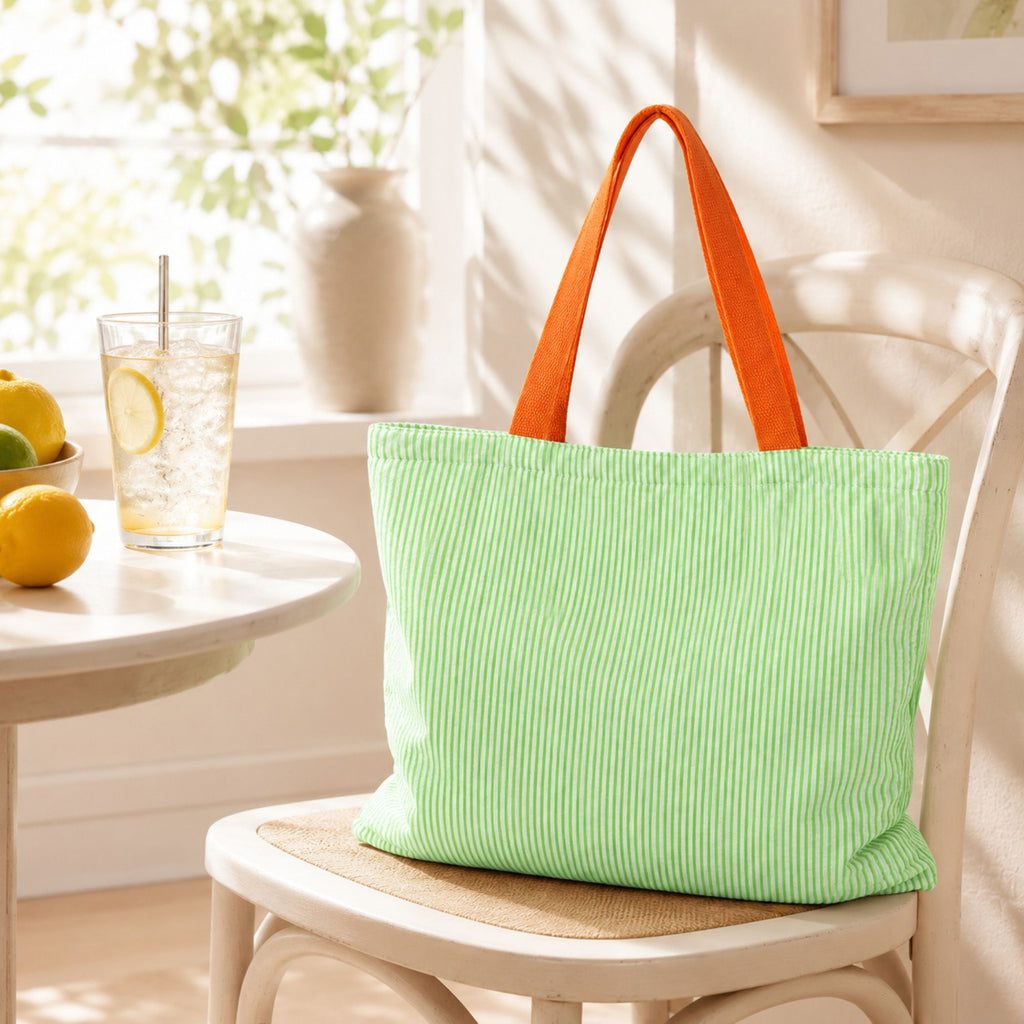 Striped Canvas Tote Bag Colorblock Large Capacity Shoulder Bag