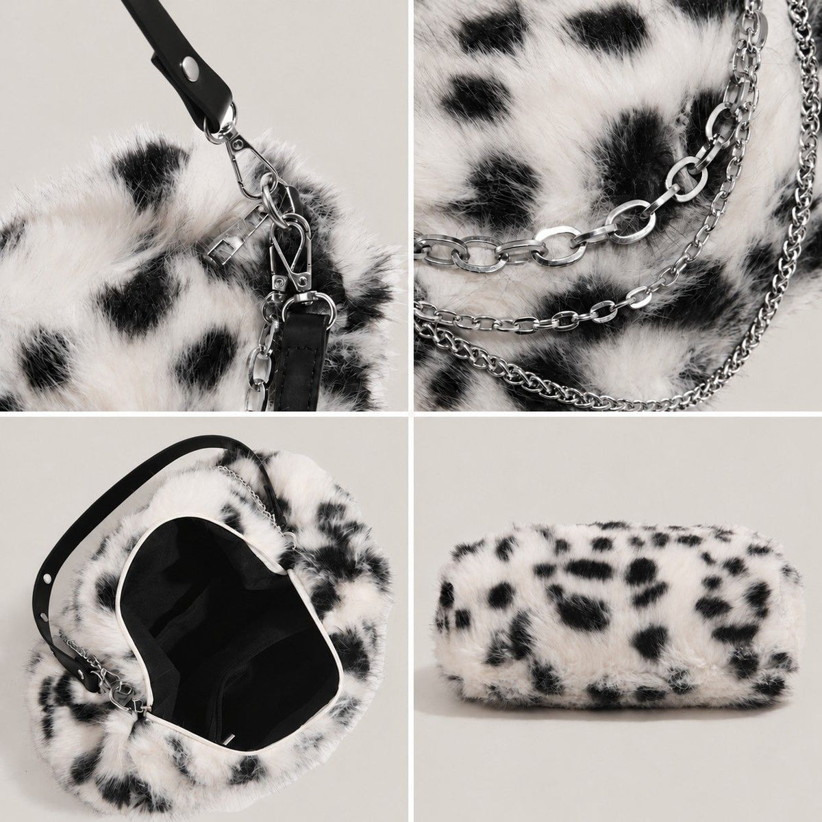 Fluffy Faux Fur Dalmatian Print Shoulder Bag with Chain Detail