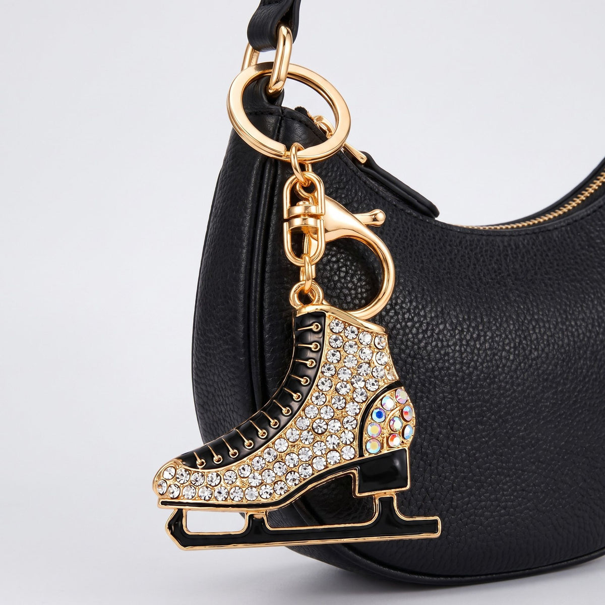 Ice Skate Rhinestone Keychain Bag Charm with Gold Tone Clasp and Key Ring