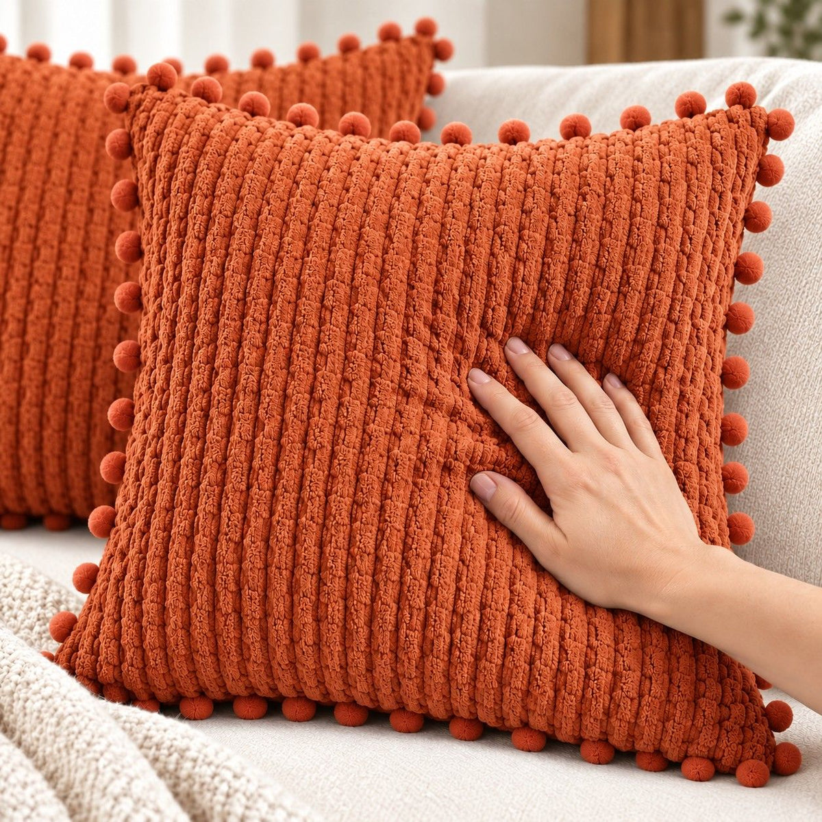 2 Pack Double Sided Corduroy Throw Pillow Covers 18 x 18 Inch with Pom Pom Trim