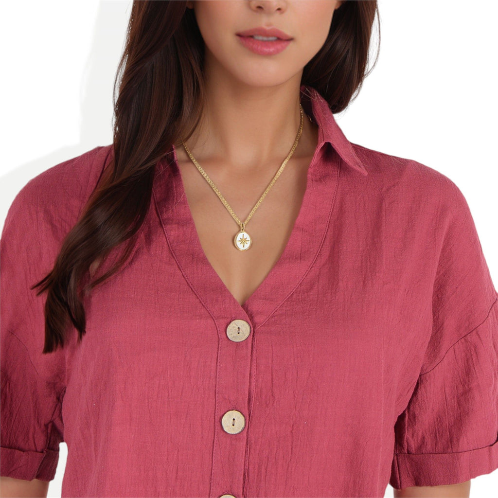 Women's Stainless Steel Necklace with 18K Gold Plated Starburst Pendant, Mother of Pearl Inlay, Adjustable Chain