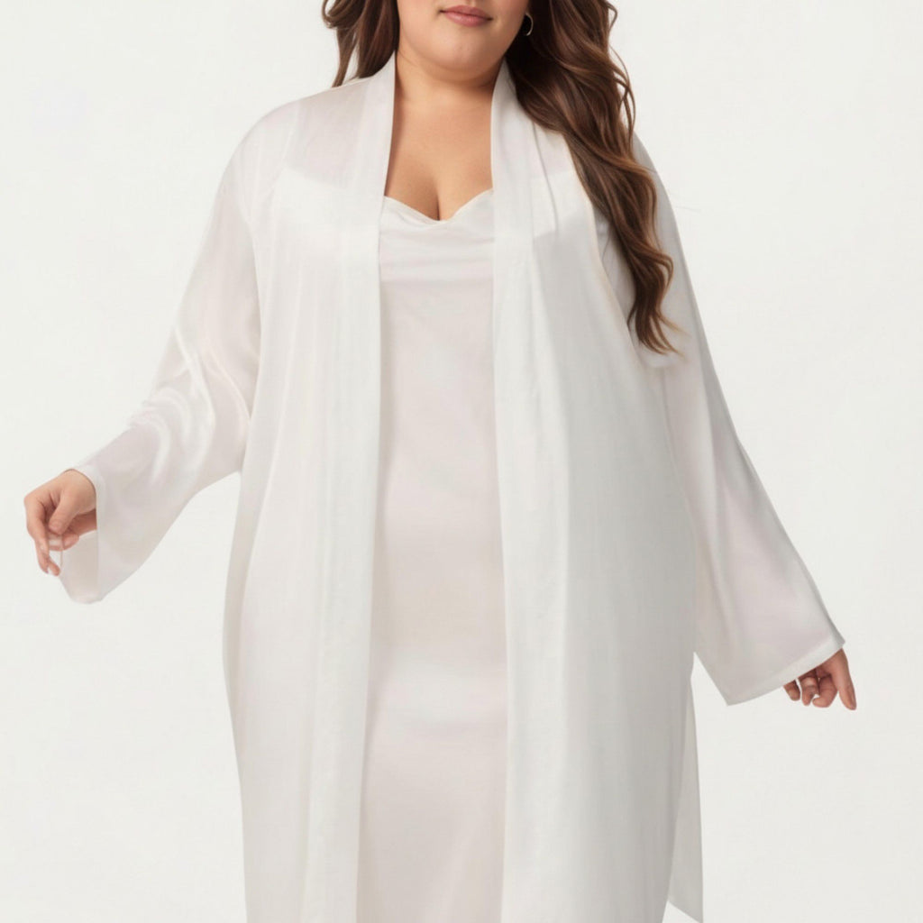 Anna-Kaci Lounge Women's Plus Size 2-Piece Satin Nightgown Set with Long Sleeve Open Front Robe Sleeveless Slip Dress Sleepwear