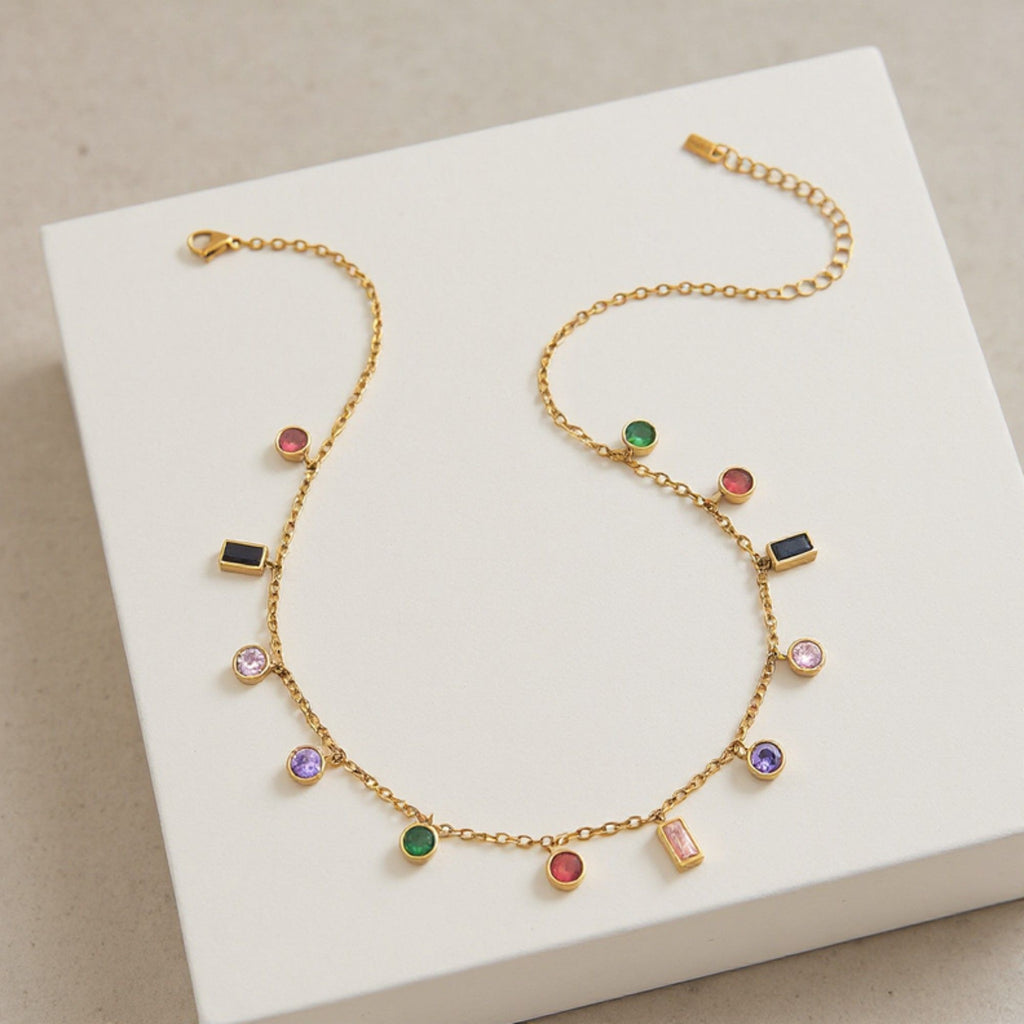 Women's Dainty Gemstone Charm Necklace with Mini Dangling Crystal Accents and Delicate Chain for Elegant Everyday Styling