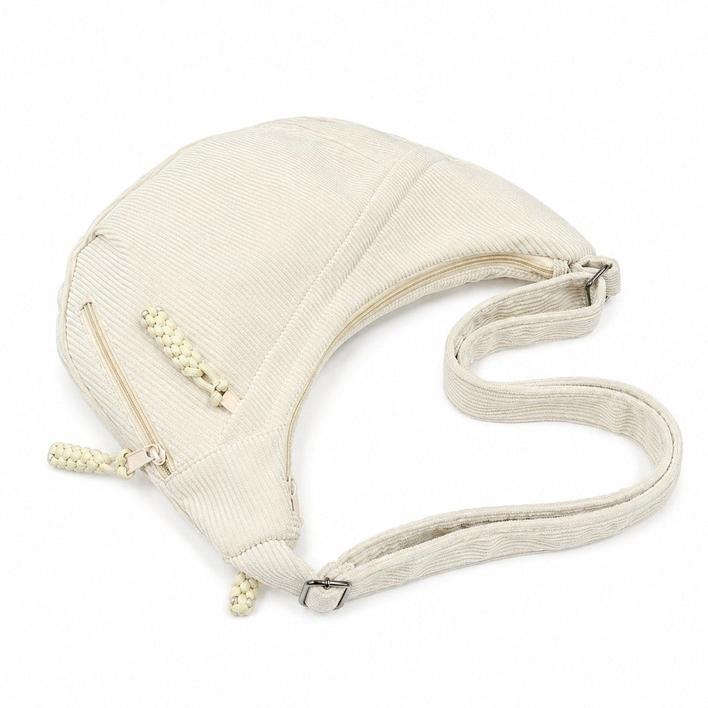 Corduroy Crescent Crossbody Bag with Adjustable Strap and Zip Pockets
