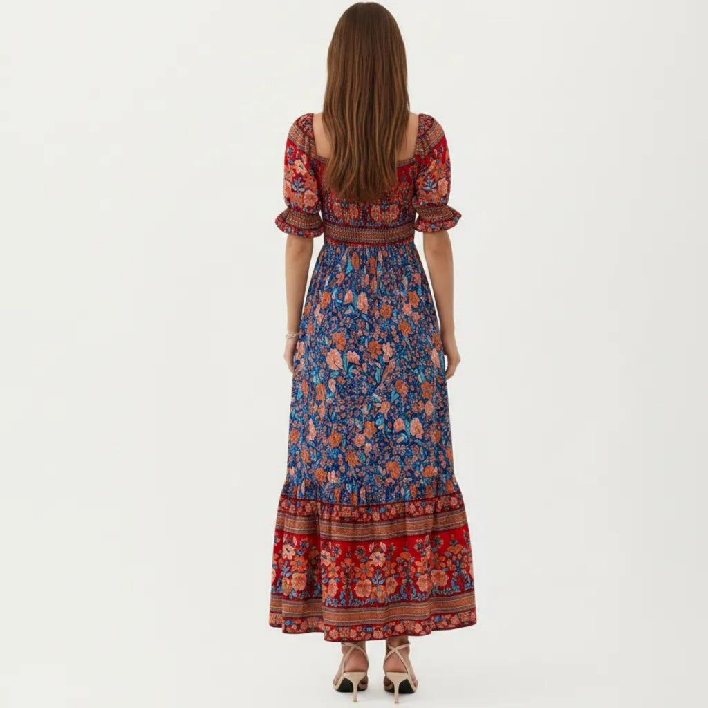 Anna-Kaci Women's Puff Sleeve Maxi Dress with Mixed Floral Print and Border Hem