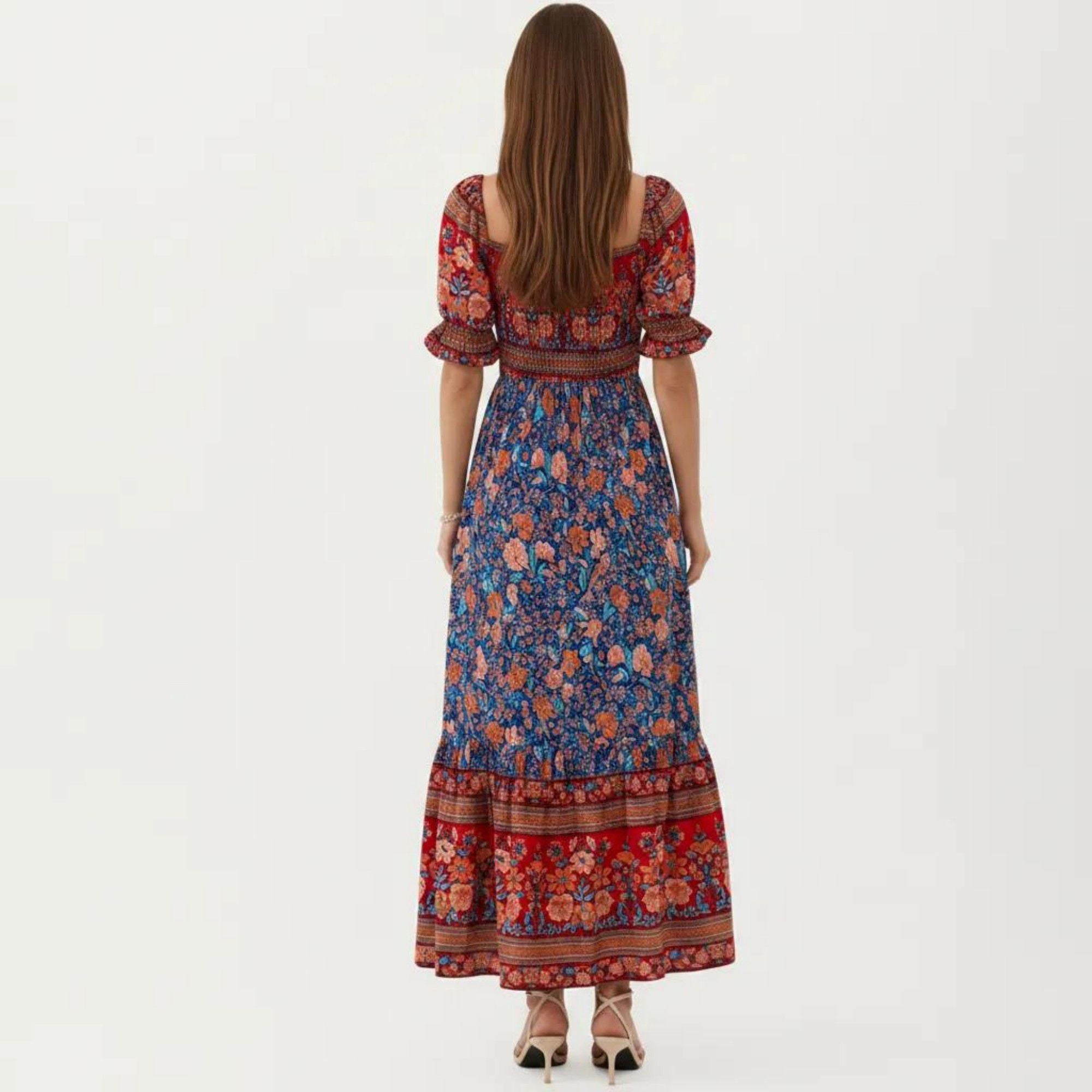 Anna-Kaci Women's Puff Sleeve Maxi Dress with Mixed Floral Print and Border Hem