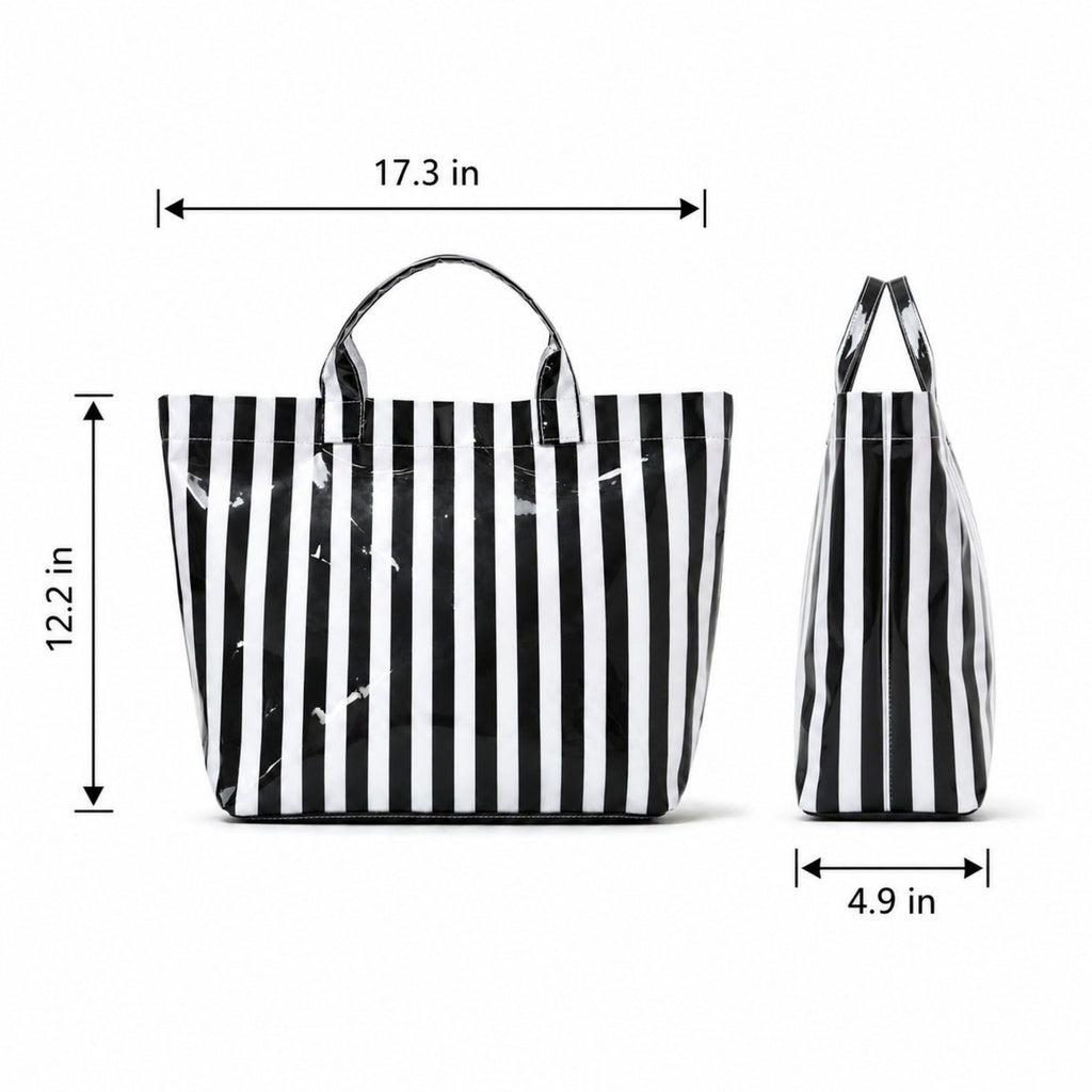 Striped Tote Bag Glossy Coated Large Capacity Shoulder Bag for Travel and Beach