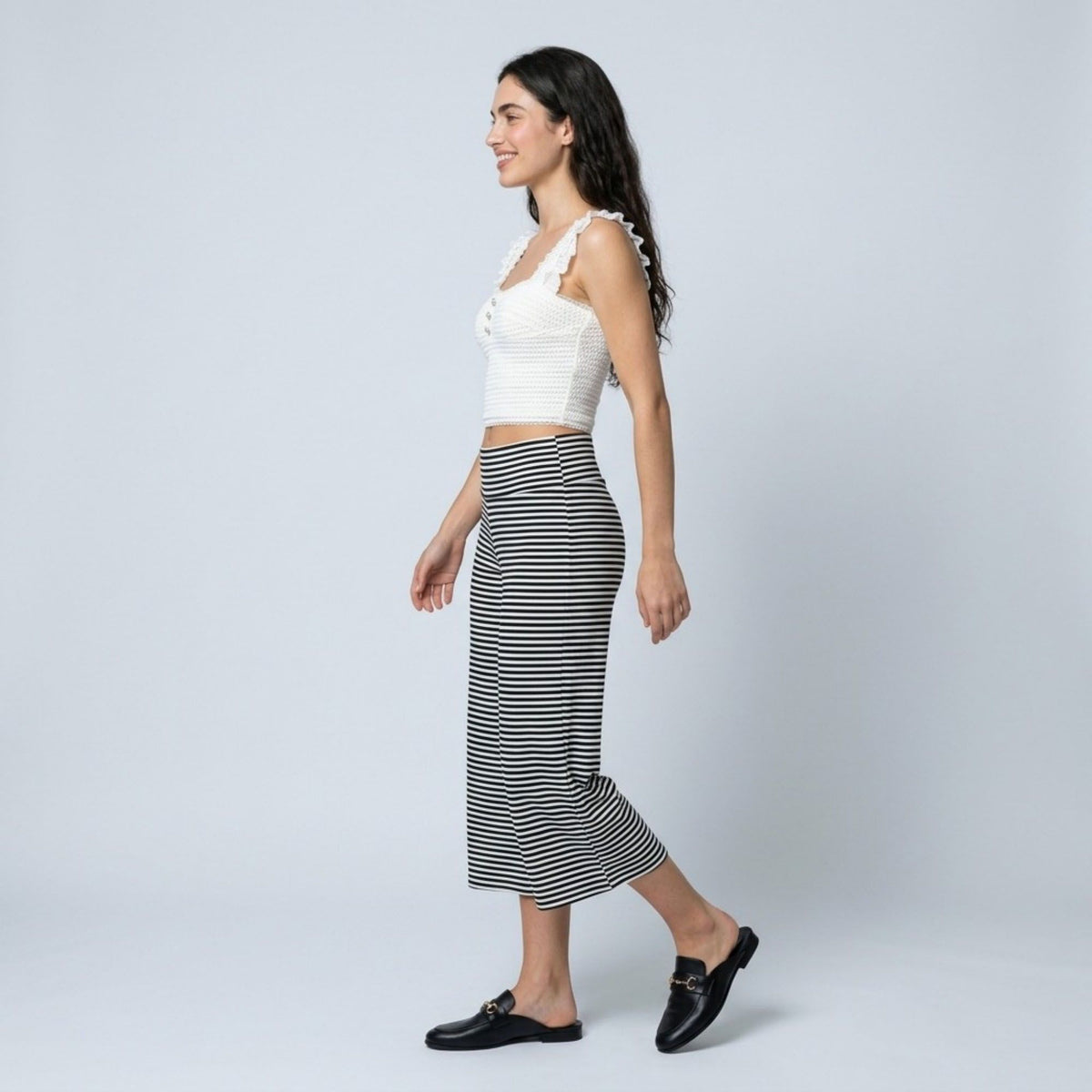 Foldover Waistband Striped Cropped Wide-Leg Trousers