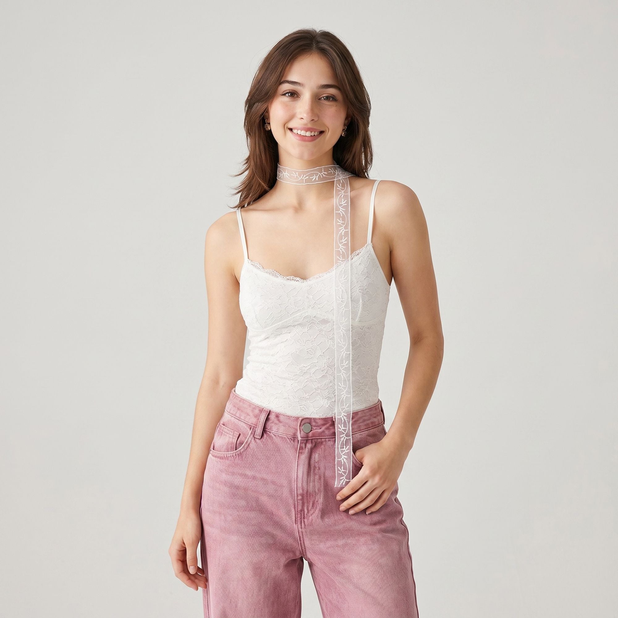 Sheer Embroidered Skinny Scarf with Vine Detail and Long Neck Tie Design