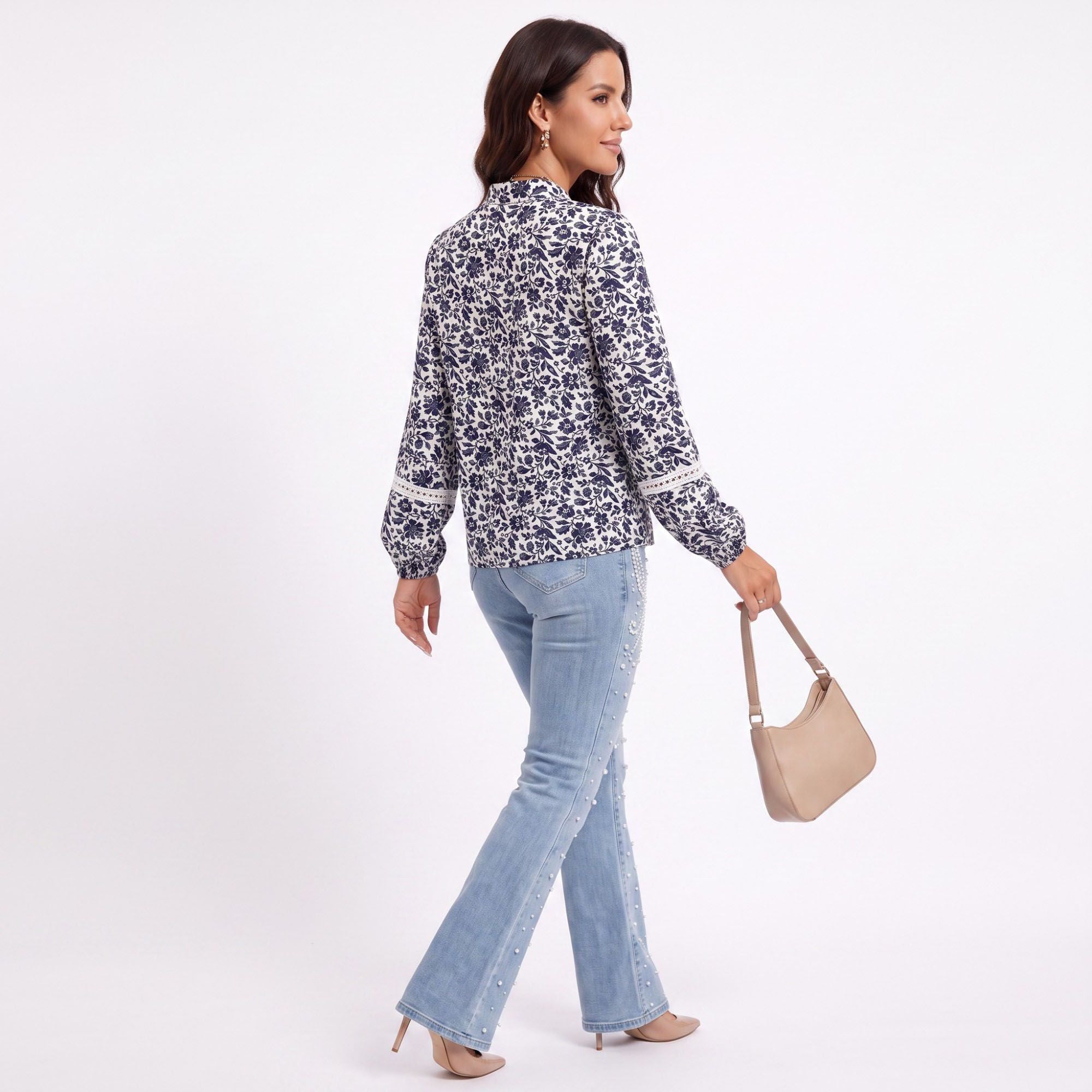 Floral Print Hooded Blouse Long Sleeve Lace Trim Pullover Top