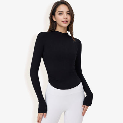 Long Sleeve Athletic Zip-Up Top with Thumb Holes