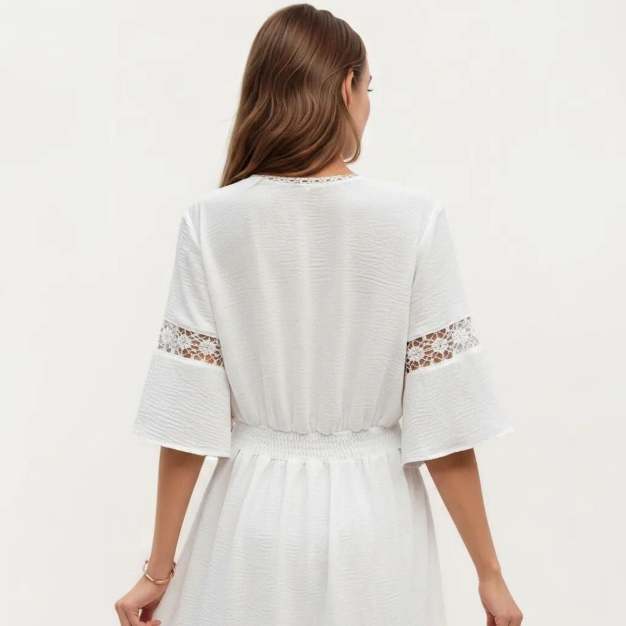 Anna-Kaci Women's V Neck Midi Dress with Lace Trim Paneling and Short Wide Sleeves Flowing Silhouette