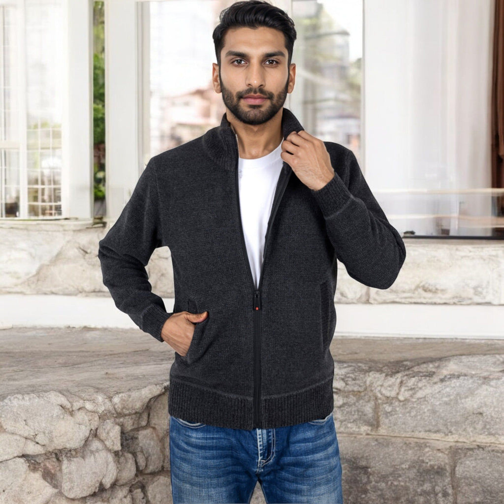 Anna-Kaci Men's Zip-Up Ribbed Knit Cardigan Sweater with Stand Collar