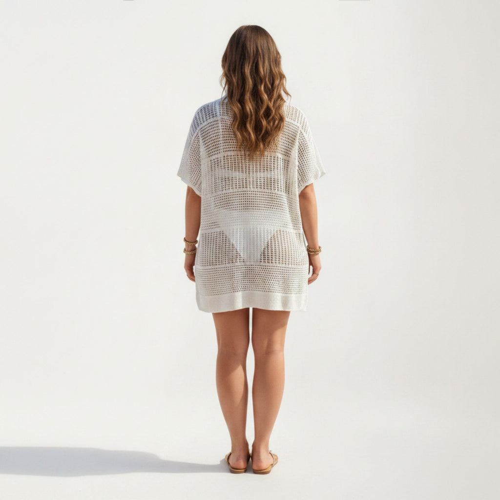 Anna-Kaci Women's Mesh Swim Cover Up Dress with Open Knit Design Collared Neckline Short Sleeves Relaxed Fit