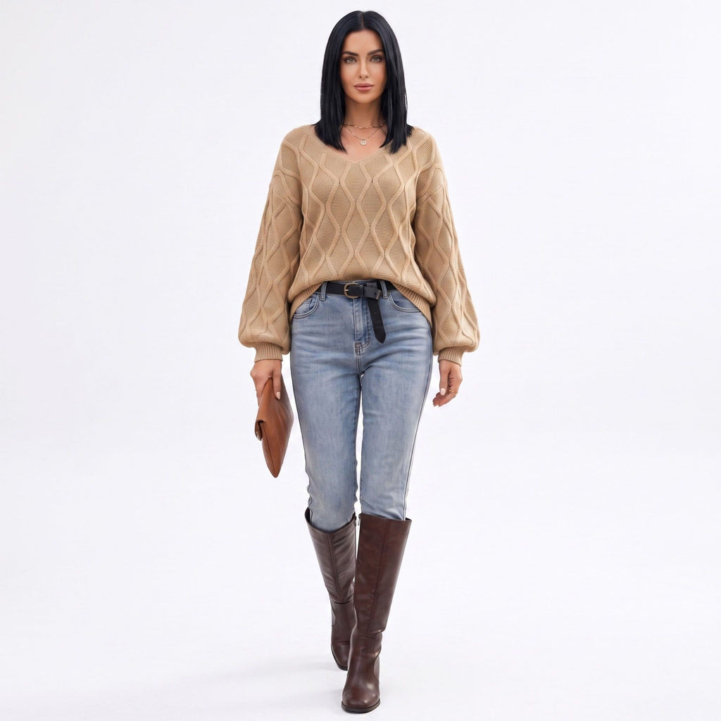 Cable Knit V-Neck Balloon Sleeve Sweater
