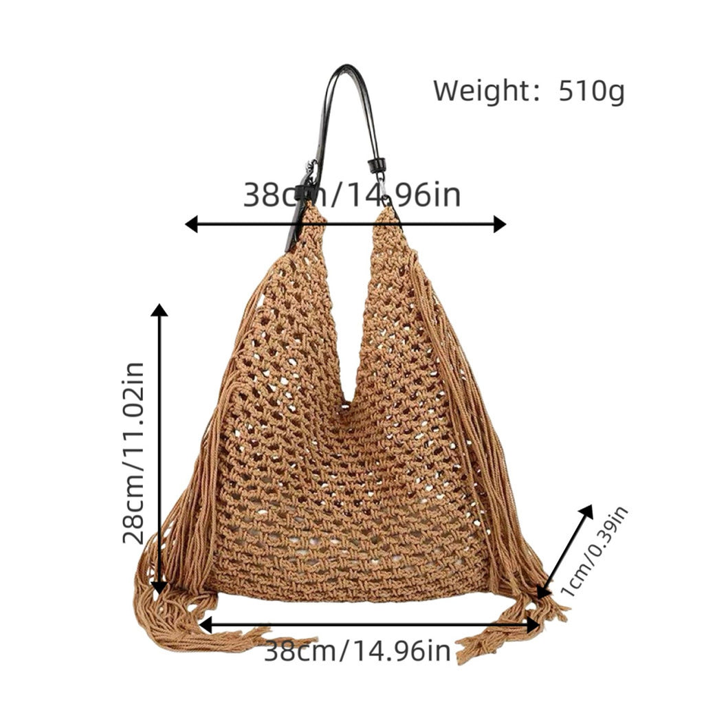 Woven Crochet Shoulder Bag with Fringe Detail Slouchy Hobo Style Lightweight Handbag