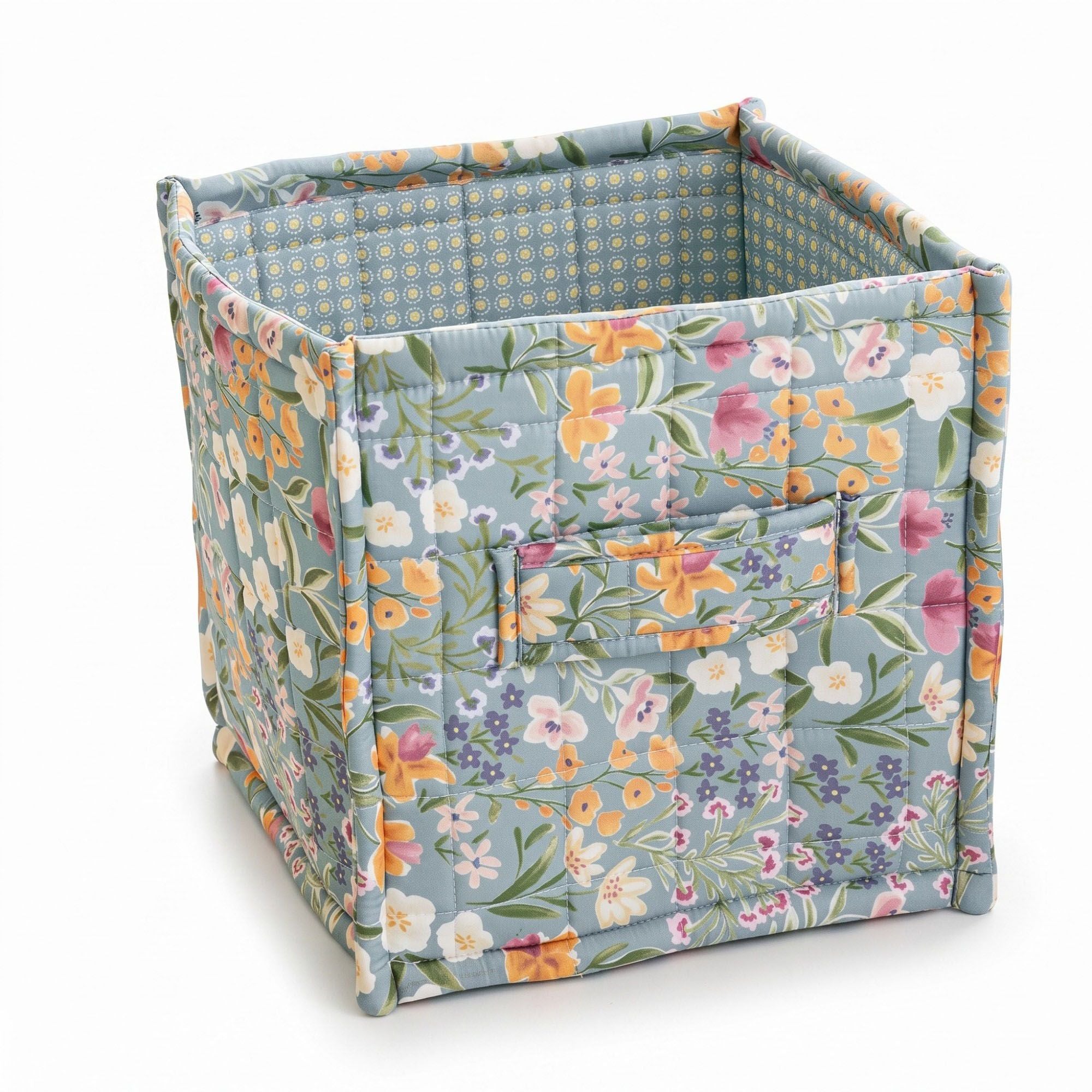 Cubo de almacenamiento de tela acolchada floral con asas de transporte