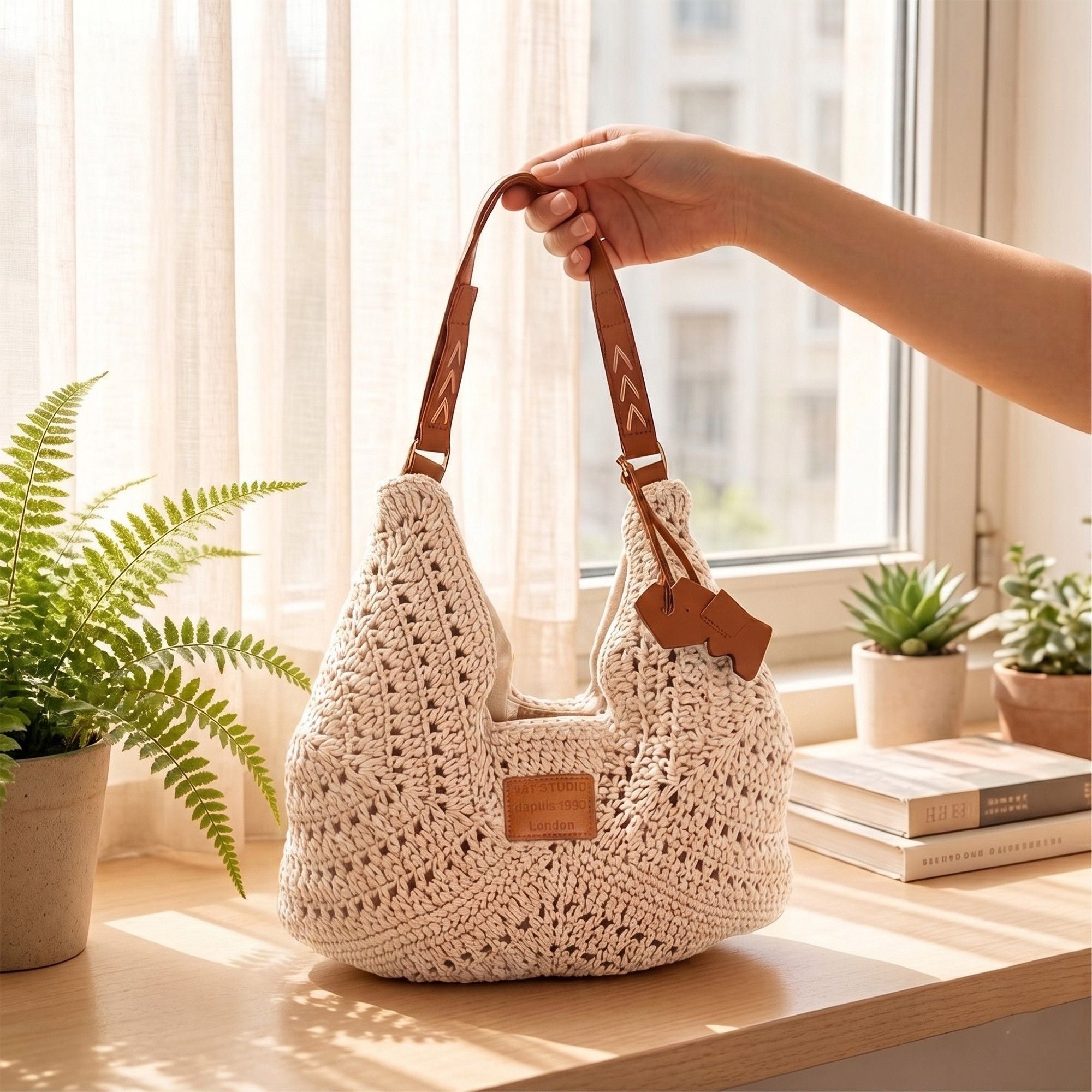 Woven Crochet Shoulder Bag with Embroidered Strap Slouchy Hobo Handbag Lightweight Knit Tote