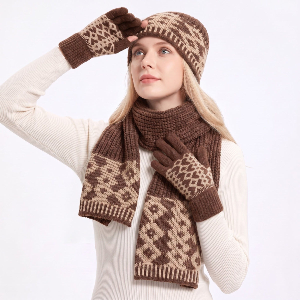 3 Piece Knit Winter Hat Scarf and Gloves Set with Geometric Pattern