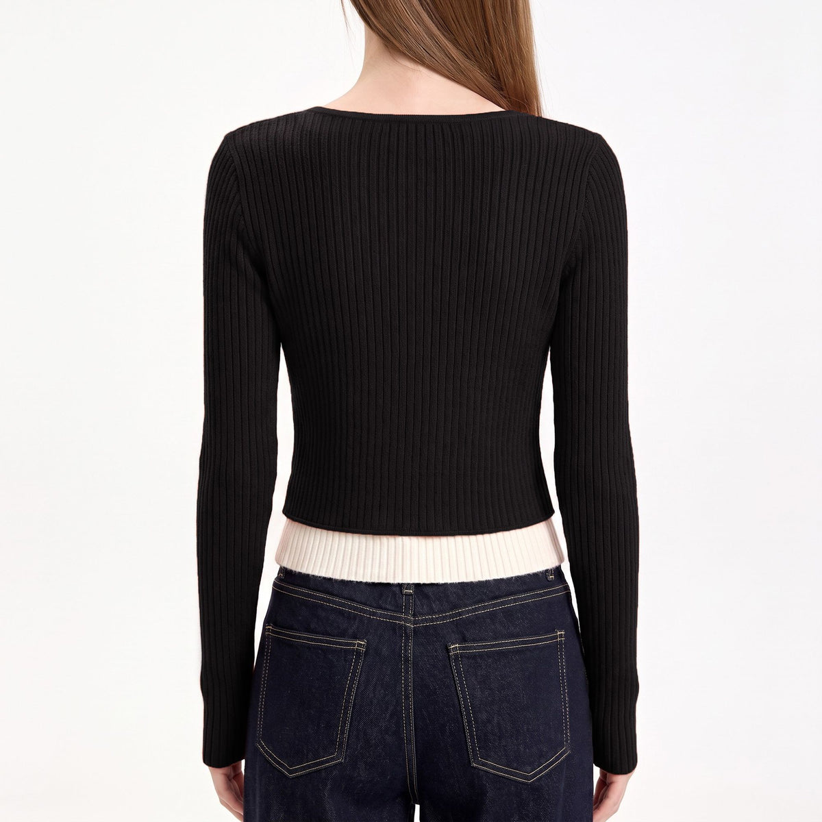 Layered Collar Ribbed Button-Front Cardigan Sweater