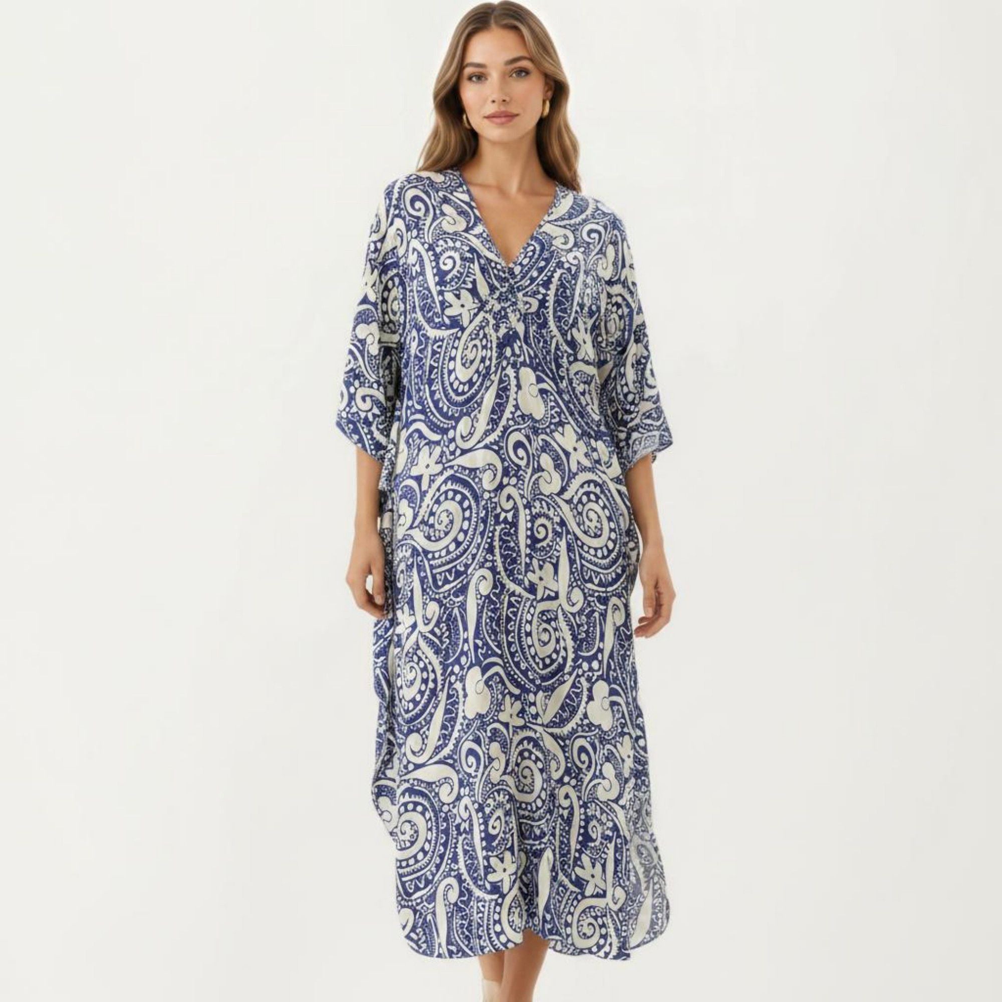 Anna-Kaci Women's Paisley Print Maxi Dress with V-Neckline Short Sleeves and Relaxed Flowing Silhouette