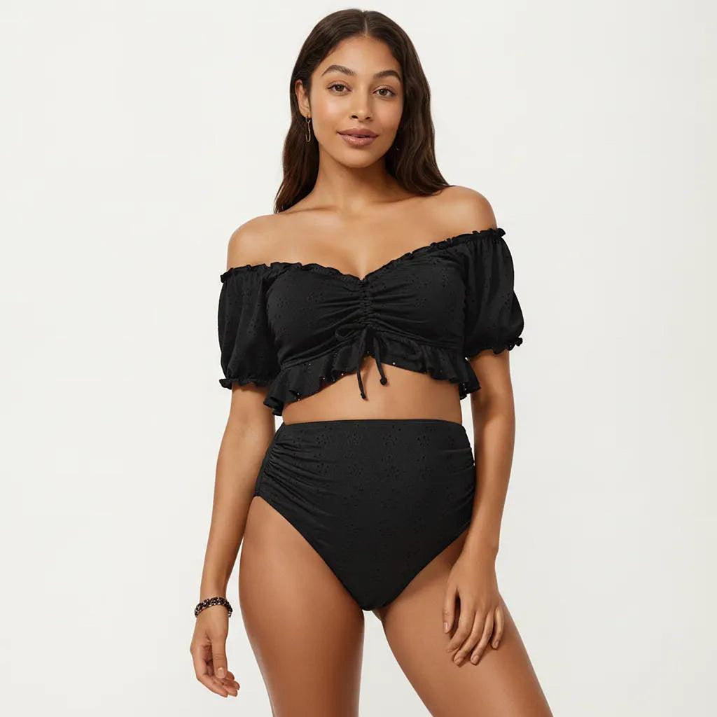 Anna-Kaci Swim Women's Maternity Off-Shoulder Ruffle Top with High-Waisted Bottom Bikini Set