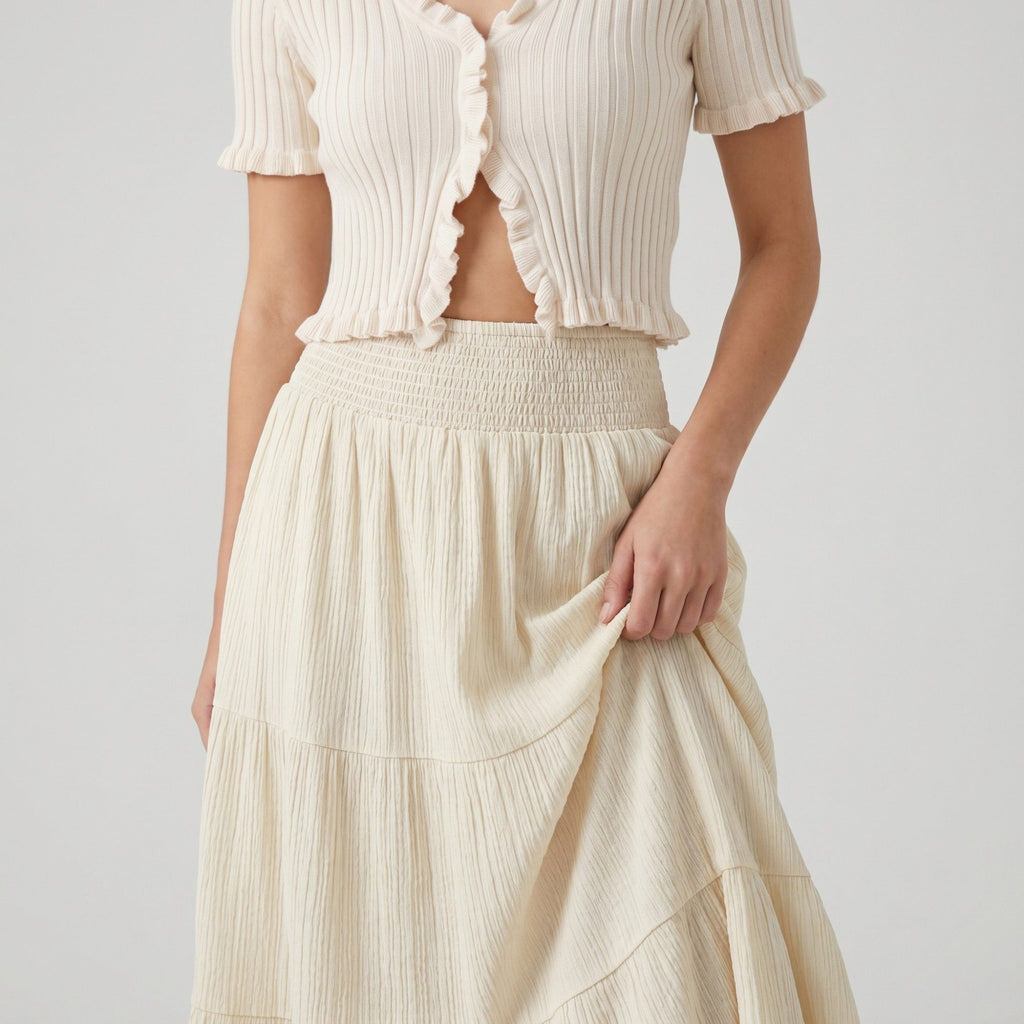 High Waist Smocked Tiered Maxi Skirt Boho Flowy Textured Long Skirt