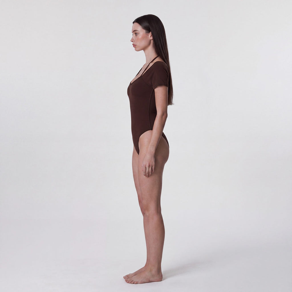 Short Sleeve One Piece Active Bodysuit with Built In Padding Open Back Stretch Fit and Quick Dry Fabric