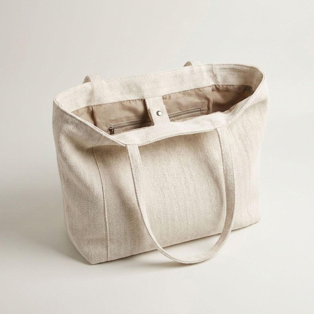 Herringbone Tote Bag with Shoulder Handles and Inner Pocket