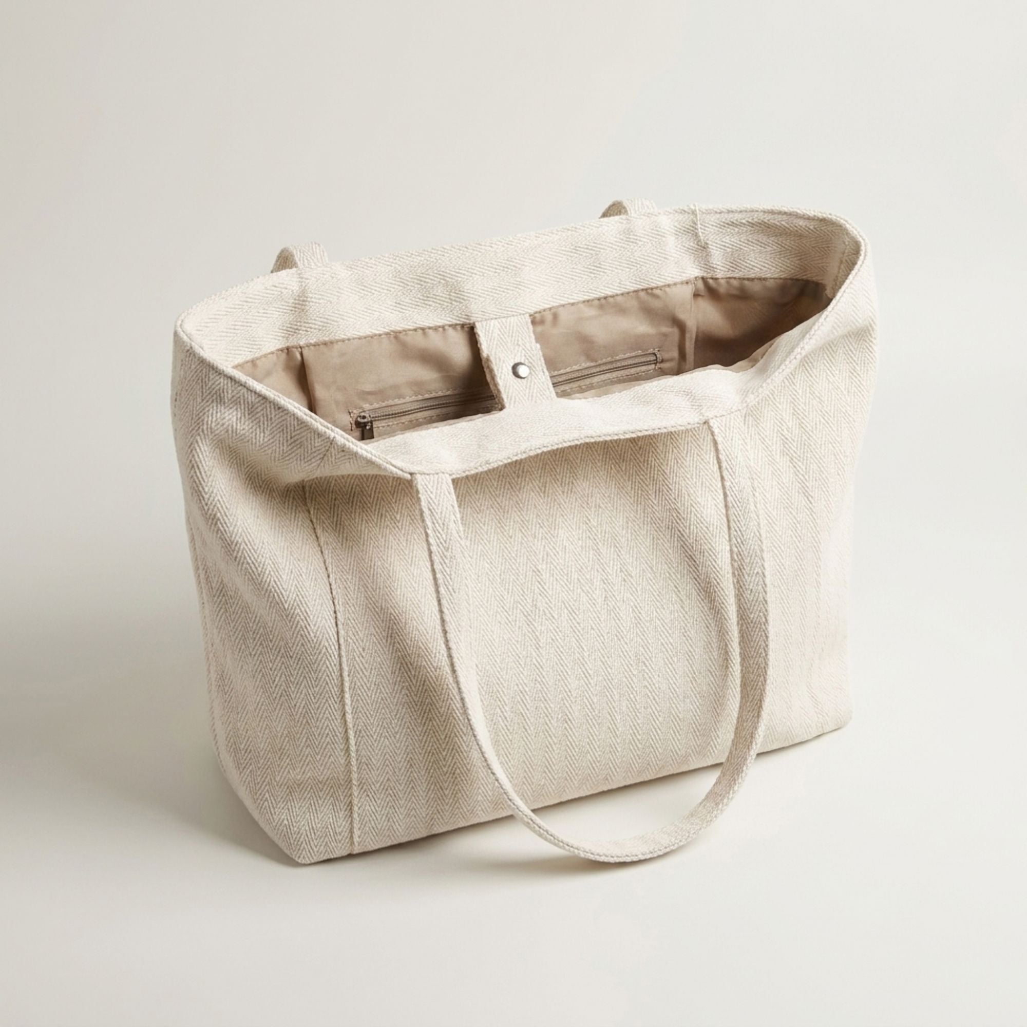 Herringbone Tote Bag with Shoulder Handles and Inner Pocket