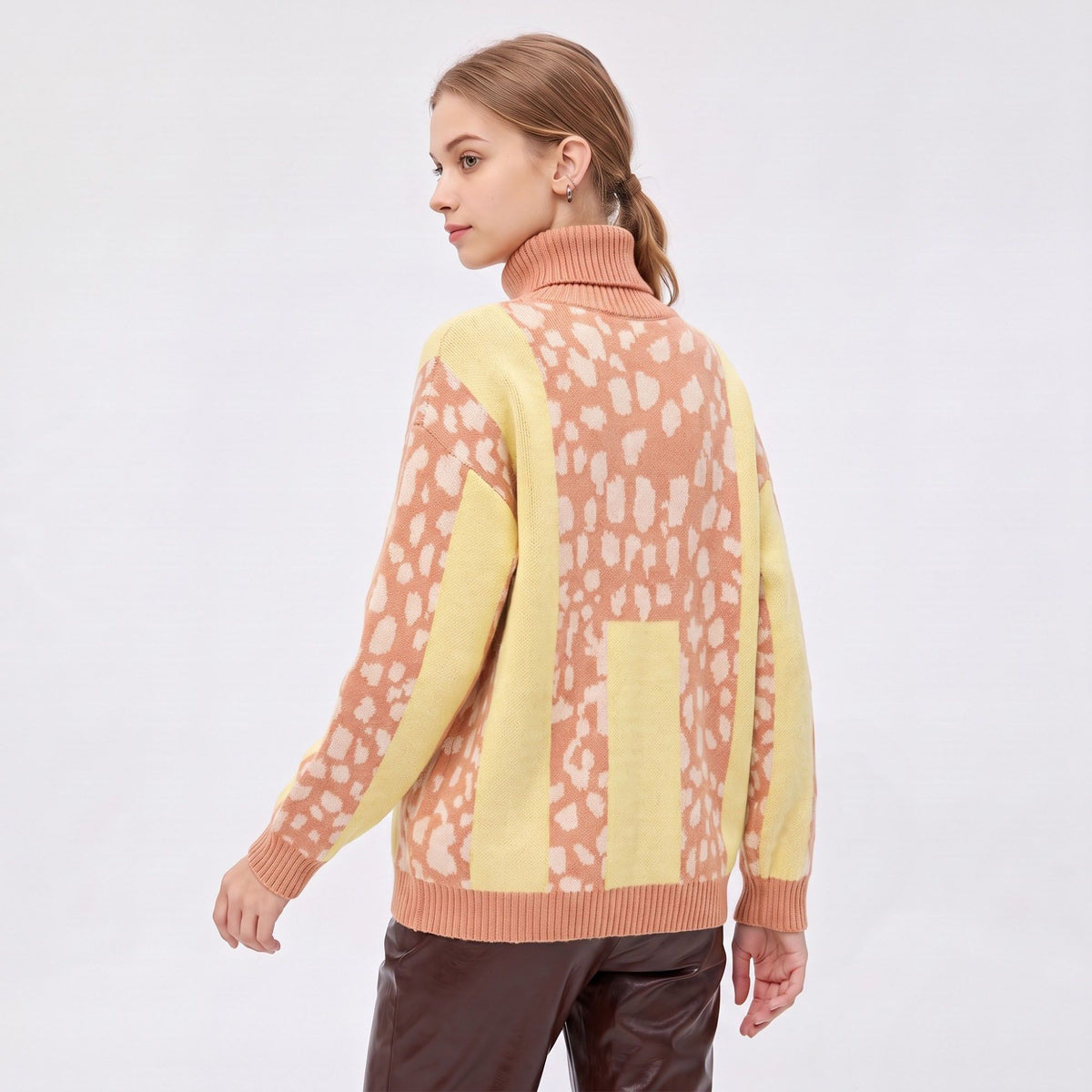 Animal Print Color Block Turtleneck Sweater