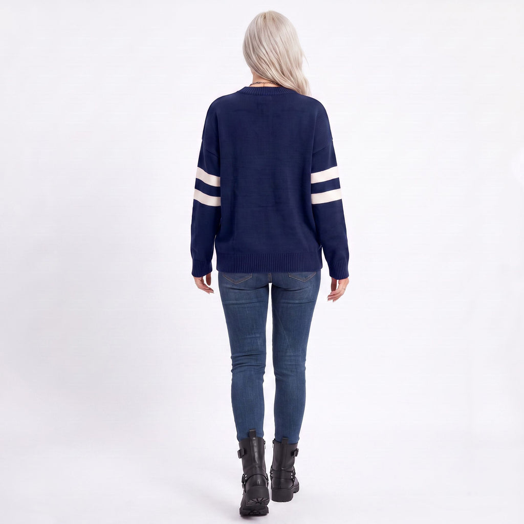 Star Graphic Striped Sleeve Crewneck Knit Sweater