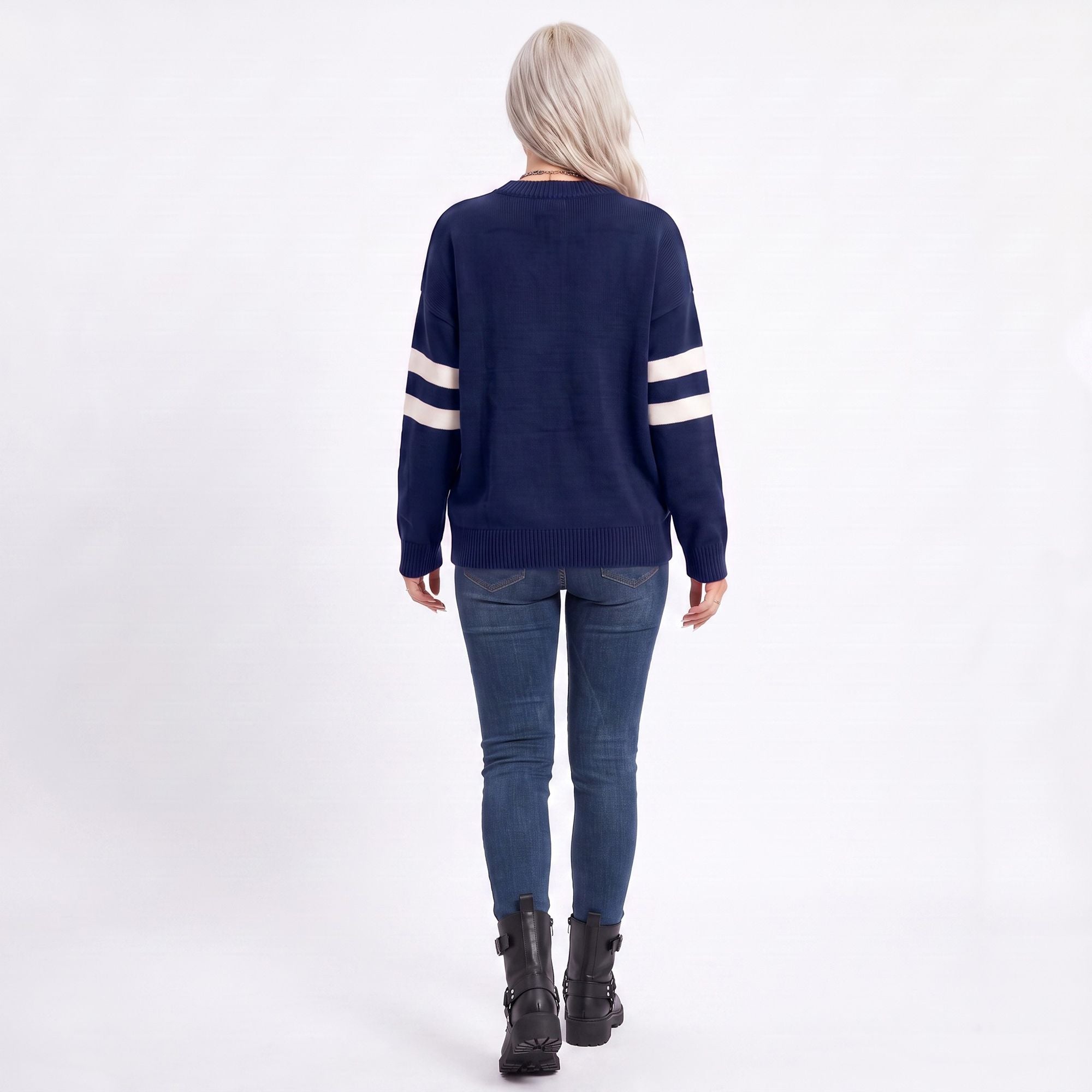 Star Graphic Striped Sleeve Crewneck Knit Sweater
